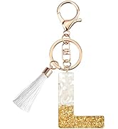 Suweibuke Cute Beige Key Chains for Women Girls, Initial Letter Keychains with White Tassel, Char...