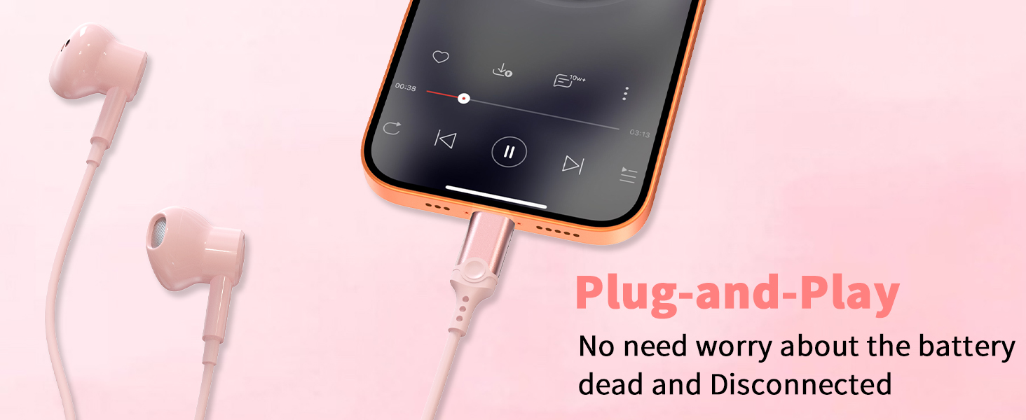 usb c headphones wired pink for iphone 16 17 pro max 17e 15