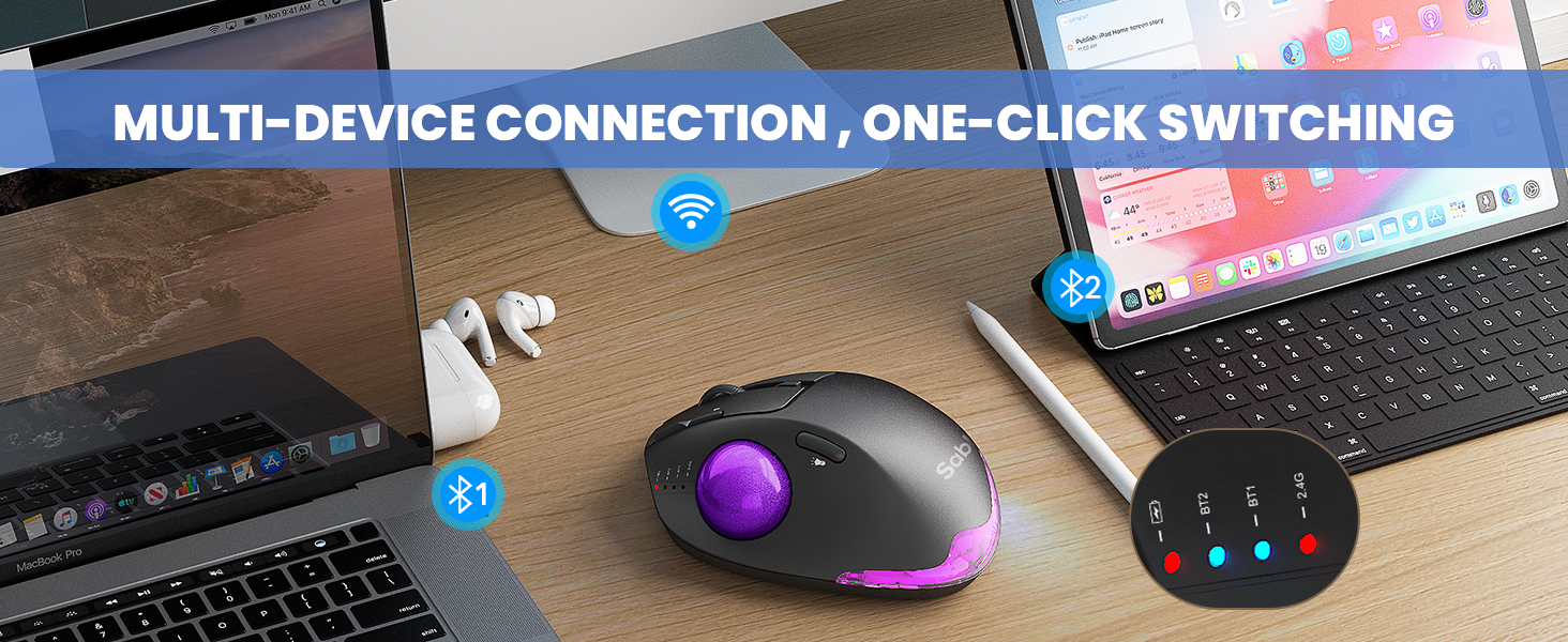 Wireless Trackball Mouse, Ergonomic Bluetooth Rechargeable Computer Mouse-Purple Ball