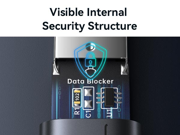 USB C data blocker with a visible internal design for secure charging protection.