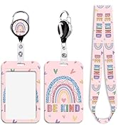 Cute Pink Badge Holder Teachers Lanyard Rainbow Retractable Badge Reel Clip Love Heart Keychain R...