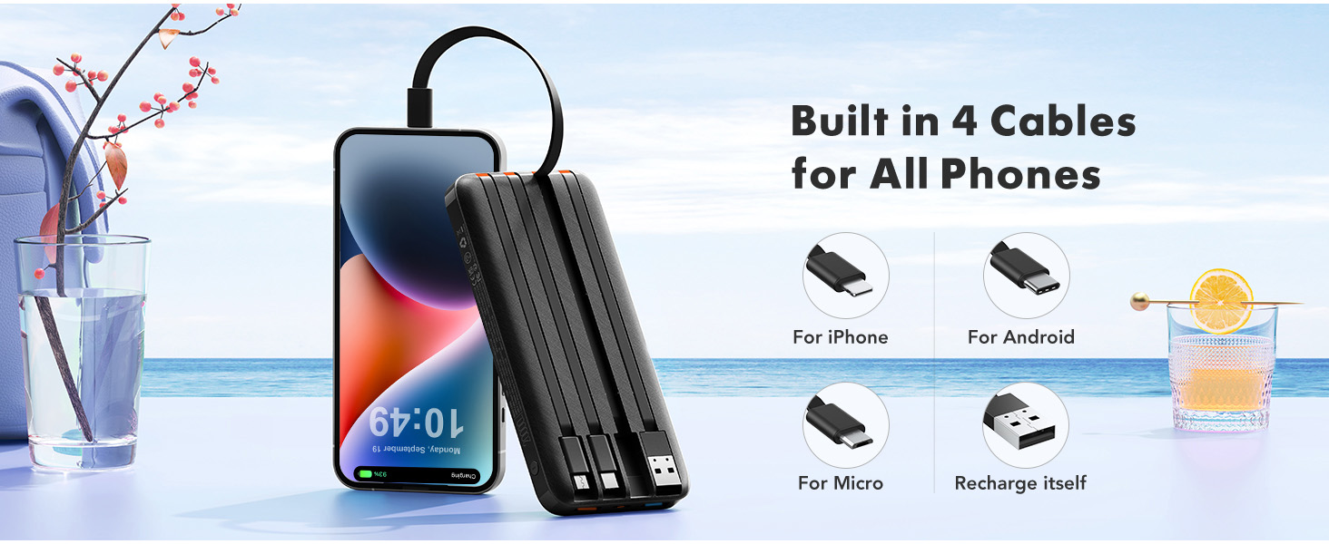 Text reads 'Built in 4 Cables for All Phones' with icons for 'For iPhone', 'For Android', 'For Micro', 'Rechargable Half'. Black portable charging cable hub displayed with smartphone, flowers, and beach background.
