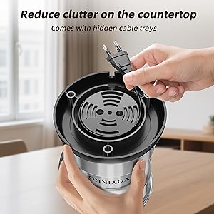 Text reads 'Reduce clutter on the countertop'. Series showing hands interacting with black circular device with metallic filter or mesh top.
