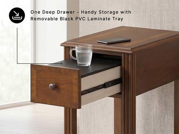 Open storage drawer showing the removable black PVC laminate tray inside the wooden end table
