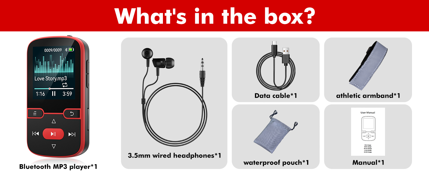 Text reads 'What's in the box?' Product contents diagram showing various accessories including Bluetooth component and headphone items with corresponding icons.