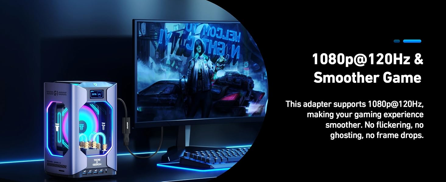 Text reads '1080p/1120Hz &amp; Smoother Game'. Gaming setup with blue LED lighting, showing monitor and gaming peripherals in dark environment.