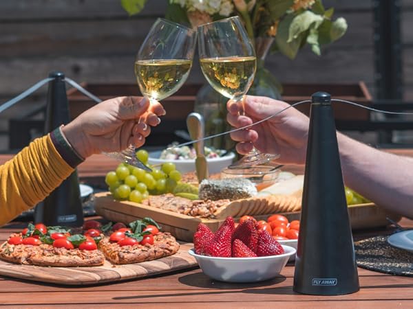 Couple toasting outdoors with food on the table and Fly Away fans keeping flies away during dining.