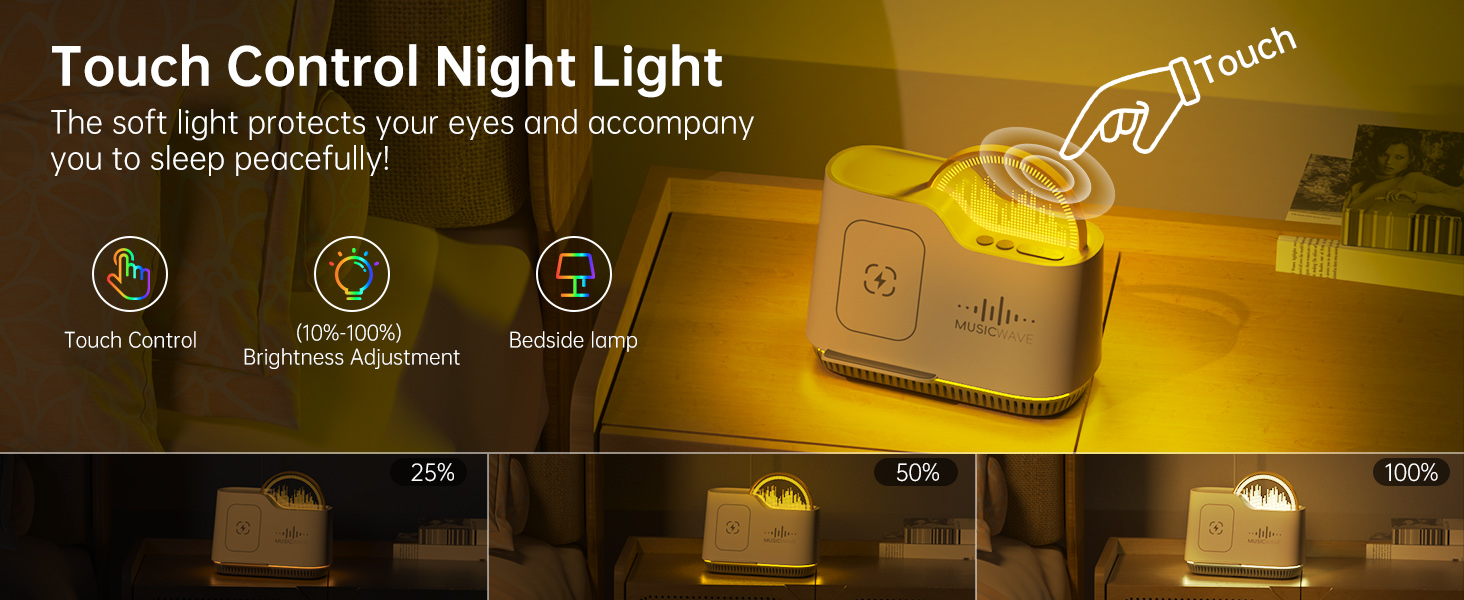 Text reads 'Touch Control Night Light'. Product showcase featuring a modern table lamp with touch controls and soft ambient lighting, shown in multiple usage scenarios.