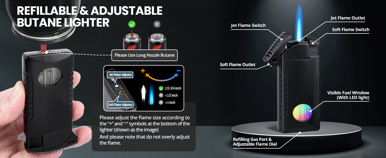 Cool Dual Flame Lighter, Refillable Butane Torch Lighter, Creative Jet/Soft Flame Pipe Lighters