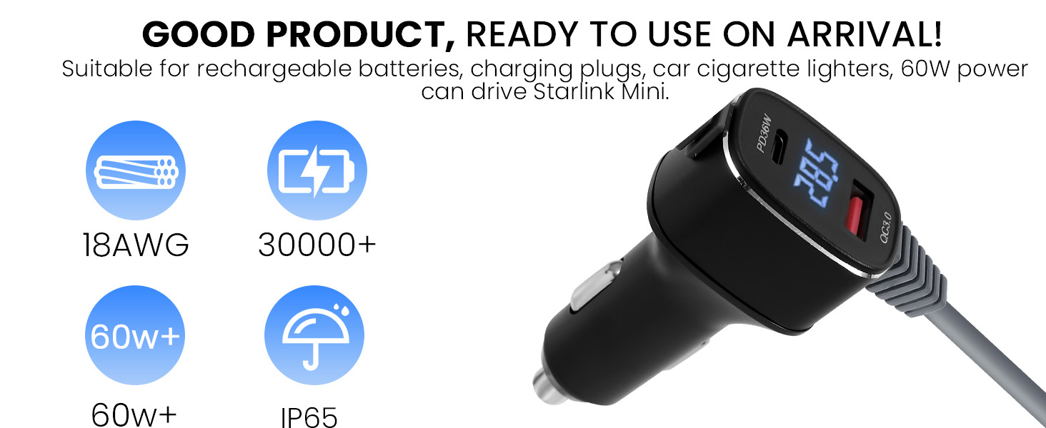 3 in 1 Starlink Mini Car Charger Dc Power Cable