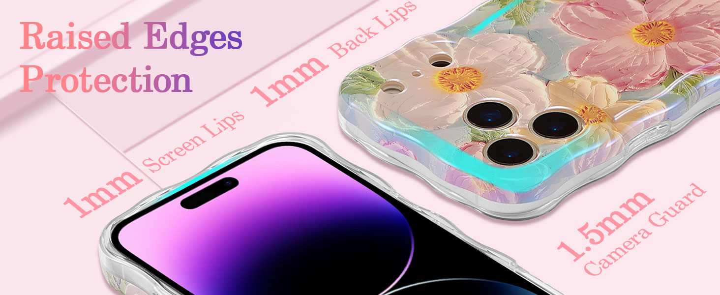 Text reads 'Raised Edges'. Colorful holographic or iridescent protective case or cover with raised border design shown from multiple angles.