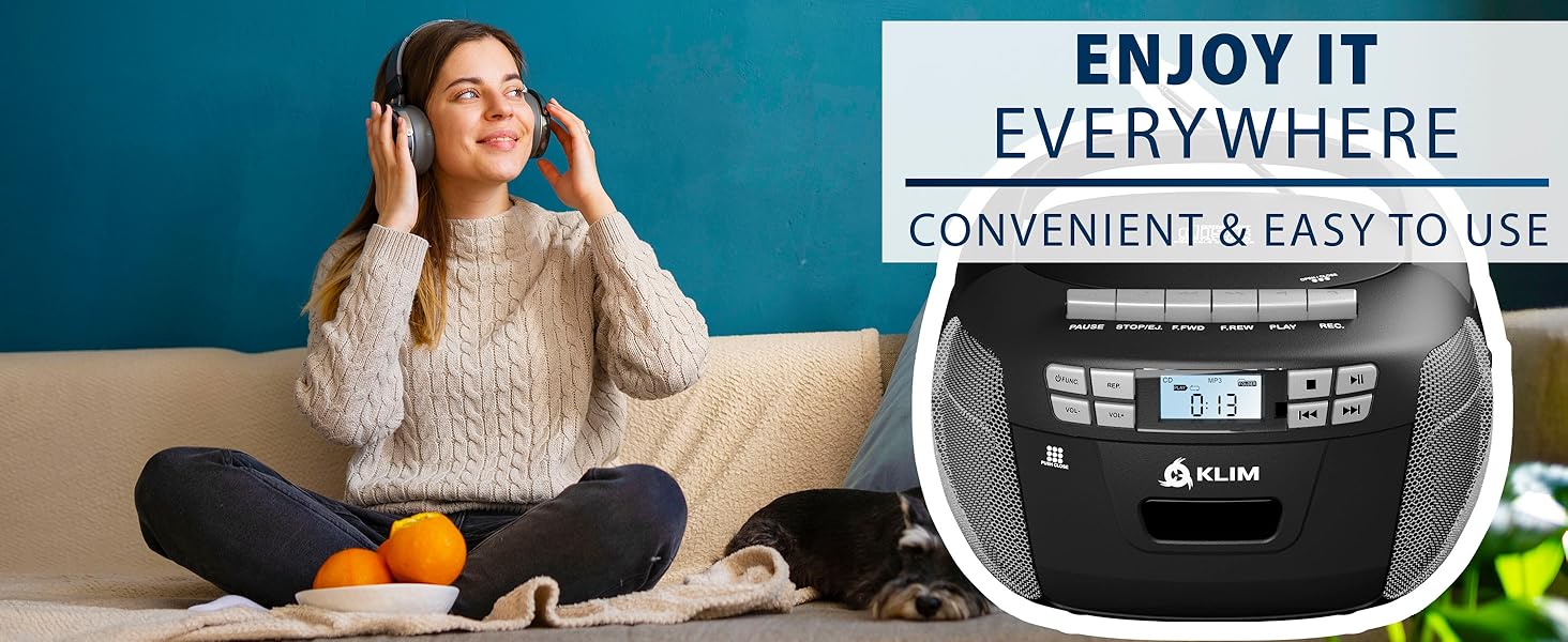 Text reads 'ENJOY IT EVERYWHERE' and 'CONVENIENT &amp; EASY TO USE'. Marketing banner showing portable device usage in different settings.