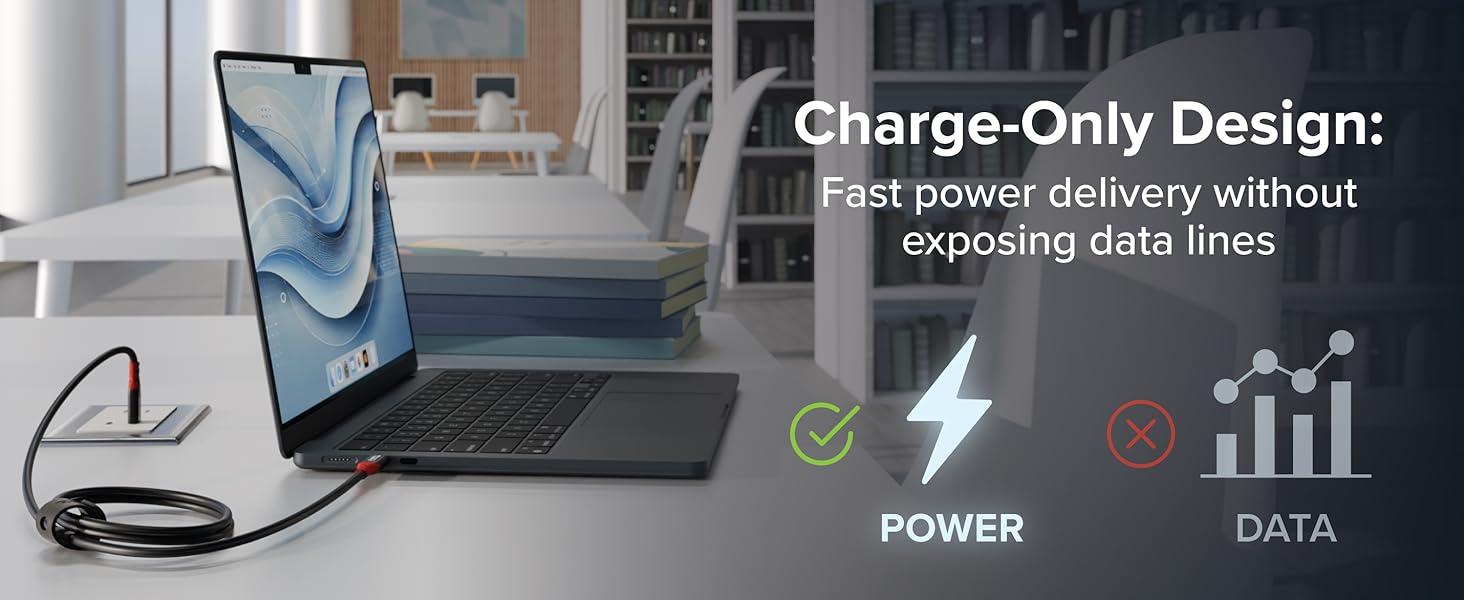 USB C cable fast charging a laptop with power icon shown and data icon crossed out