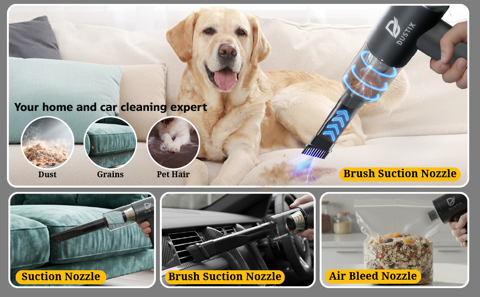 Text reads 'Brush Suction Nozzle', 'Air Blend Nozzle', 'Comb/Brush nozzle'. Product demonstration images showing pet grooming tool attachments being used on a dog.