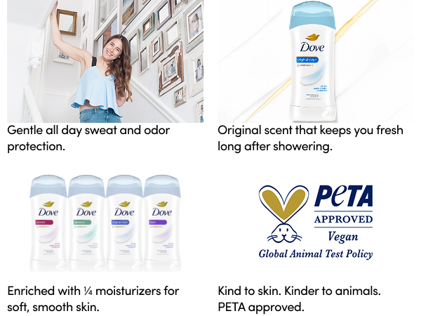 4 images: young woman, Dove Original Clean deodorant, full range of Dove's deos, PETA Vegan logo.