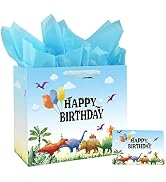 13" Large Watercolor Dinosaur Birthday Gift Bag for Boy Kids with Card and Tissue Papers