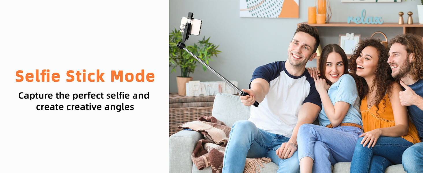 Text reads 'Selfie Stick Mode'. Multiple images showing groups of people in casual indoor settings, demonstrating camera functionality.