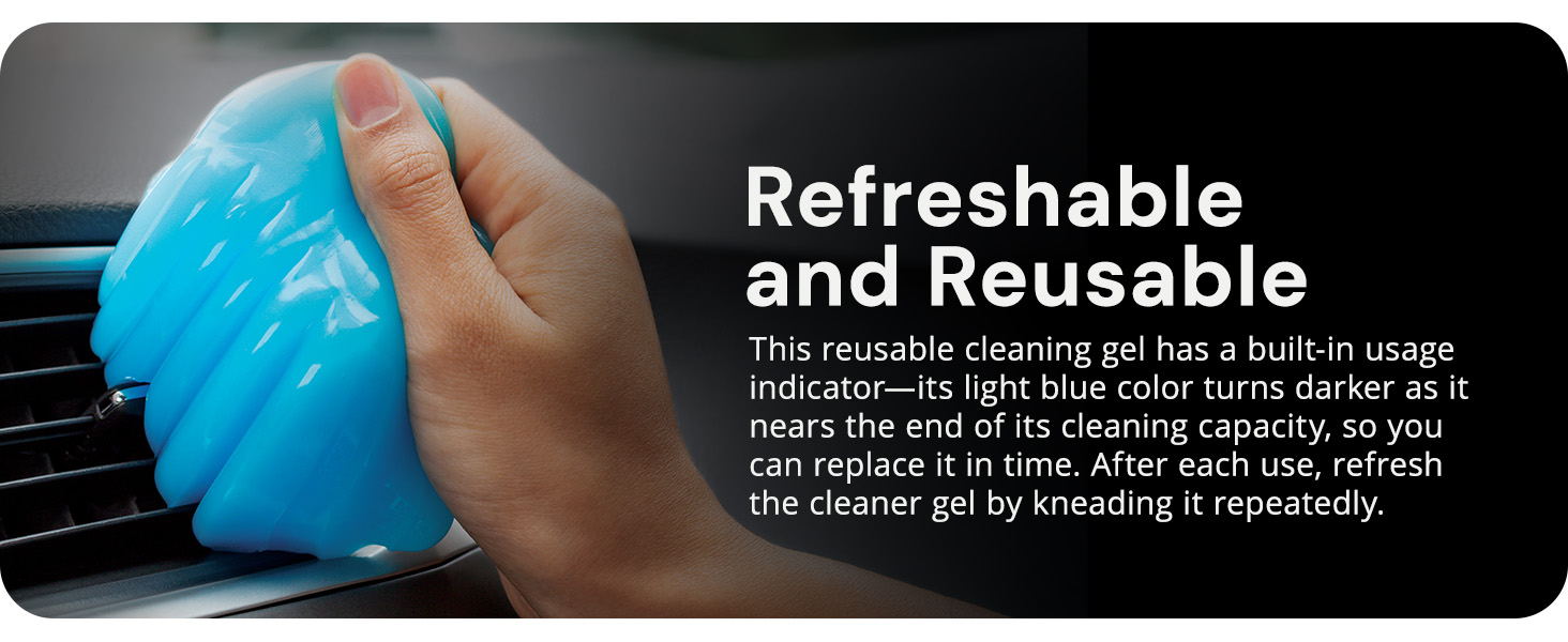 AutoJoe Cleaning Gel pressed on a car’s AC vents. Text reads: Refreshable and Reusable