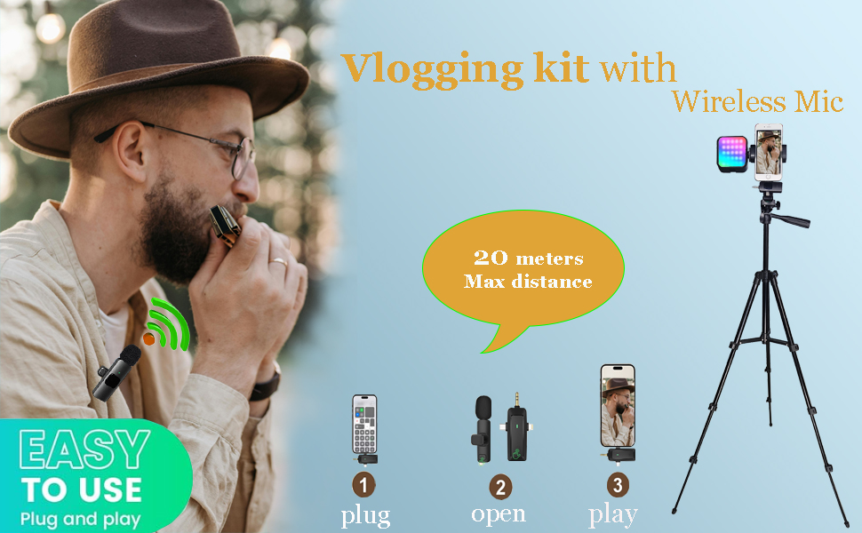 vlogging kit with wireless microphone lavalier mic