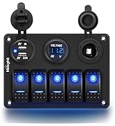 Nilight - 90118H 5 Gang Rocker Switch Panel Pre-Wired Aluminum Switch Panel with Dual USB Cigaret...