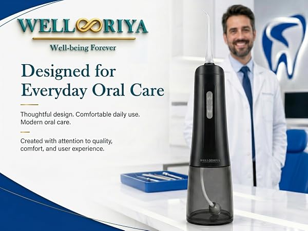 WELLORIYA cordless water flosser in a dental clinic setting with professional oral care design