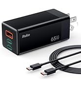 Ruko 65W USB C Charger, 3 Port Compact Foldable GaN Fast Charging Block Wall Charger for MacBook,...