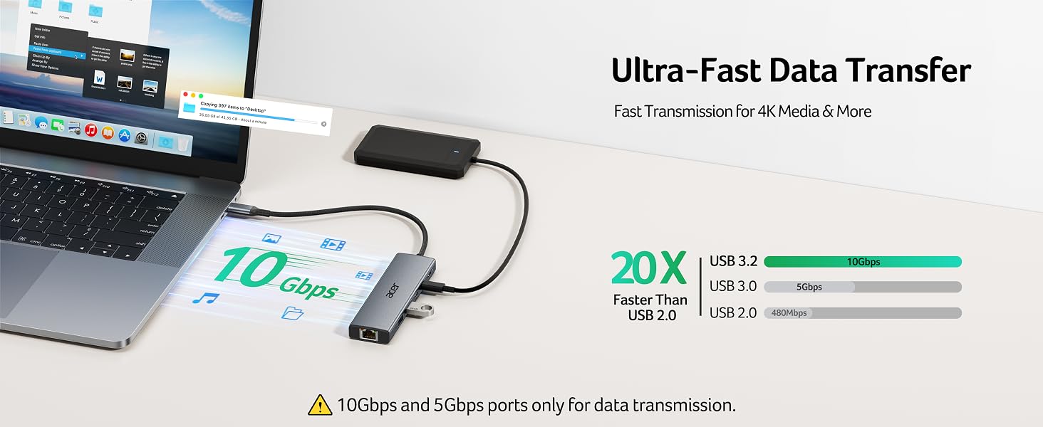 Text reads "Ultra-Fast Data Transfer", "20X", "USB 3.1", with technical specifications chart showing transfer speed comparisons. Black USB cable adapter connected to laptop and smartphone on white background.