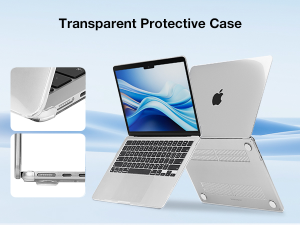 Transparent protective case for MacBook Air, showcasing its fit on the laptop and detailing port access. Multiple views highlight the case's clear design and precise cutouts.