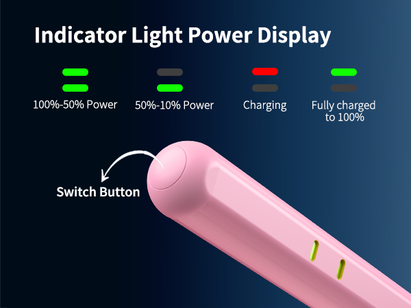 Power indicator – 2 Green 100–50%, 1 Green 50–10%, red charging; switch button for control.