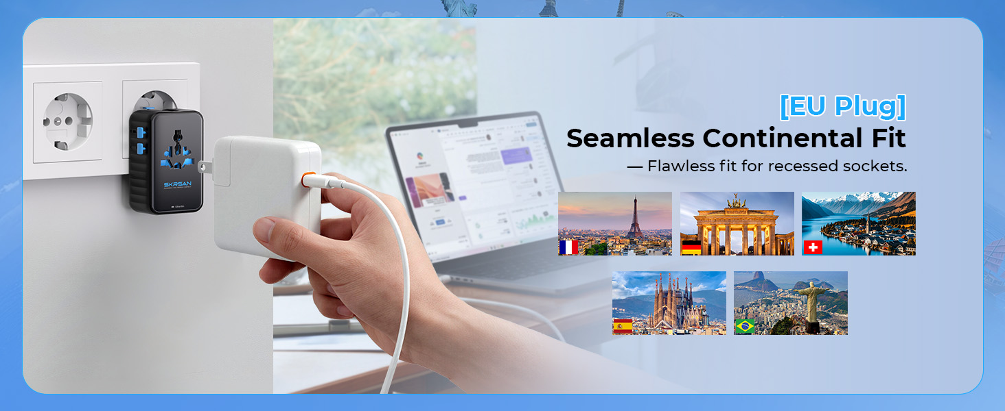 SKRSAN Aura Ultra-Thin International Travel Adapter, Minimalist 36mm Slim