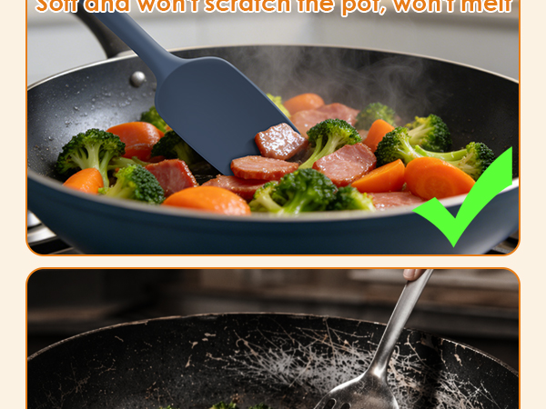 Silicone spatula stirs food without scratching non-stick pans, safe vs metal utensils