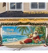 Beach-Themed Merry Christmas Garage Door Banner – Tropical Santa Claus with Palm Trees &amp; Gifts – ...