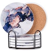 Hoewina 6Pcs Drink Coasters with Holder, Marble Style Ceramic Drink Coaster, Absorbent Coasters S...
