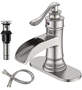 BWE Brushed Nickel Bathroom Sink Faucet 1 Hole, Single Handle Waterfall Bathroom Faucet with Pop ...