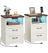 AODK Farmhouse Nightstand Set of 2, Bedside Tables with Charging Station &amp; LED Lights, End Tables...