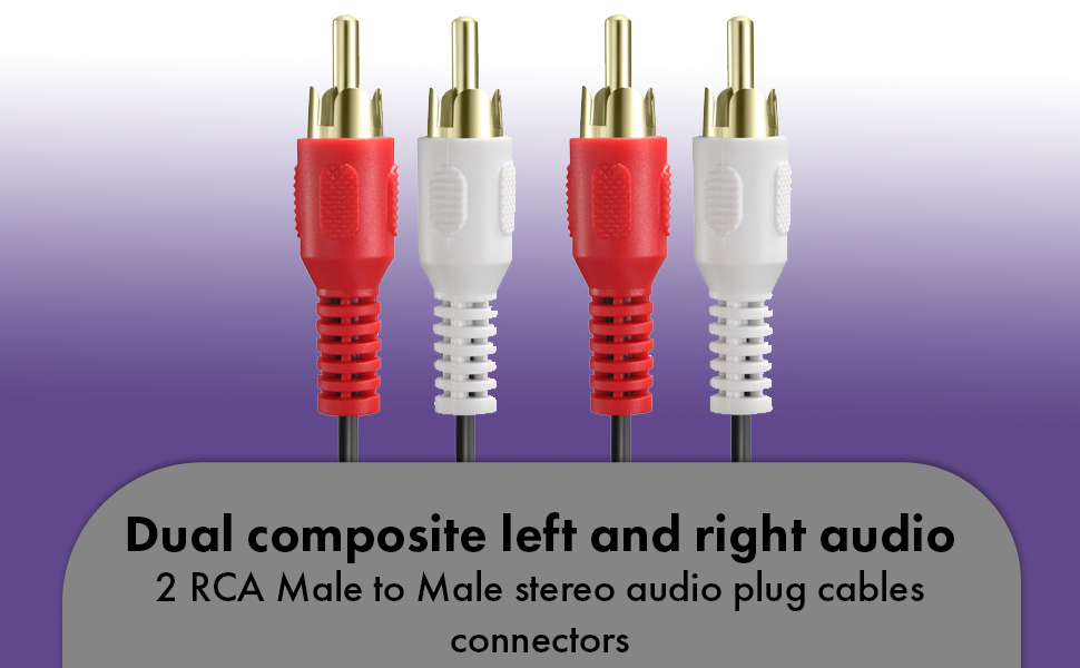 Dual composite left and right audio; 2 RCA Male to Male stereo audio plug cables connectors