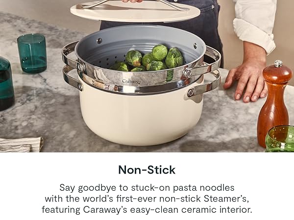 Non-Stick Steamer featuring Caraway's easy-clean ceramic interior