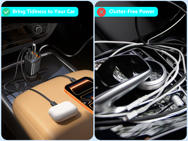 MFi Certified 120W 4-IN-1 Retractable Car Charger USB C PD/QC Type C Fast Charging Cigarette Light