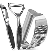 Garlic Press Rocker + 2-Pack Vegetable &amp; Potato Peelers Set, 304 Stainless Steel Garlic Mincer wi...