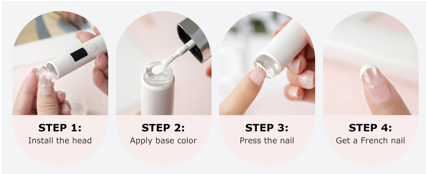 Step-by-step French tip nail art using mini UV lamp with silicone stamper for clean curved design