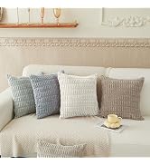 Hibate 4 Pack Neutral Corduroy Decorative Boho Couch Throw Pillow Covers 18x18 Inch for Sofa Livi...