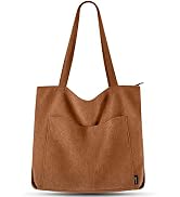 Prite Corduroy Tote Bag for Women Large Shoulder Bag with Zipper and Pockets for College Work Tra...