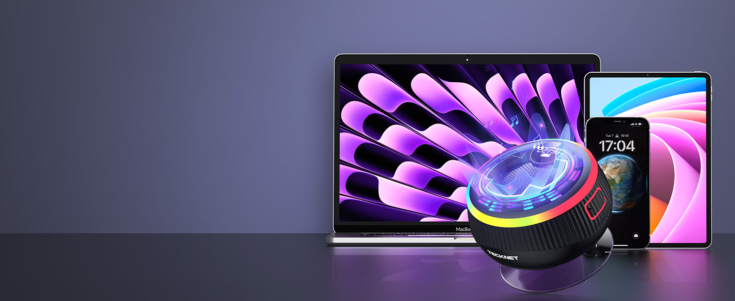 Multiple promotional images showing VR or AR headset device with curved displays featuring vibrant purple and blue visual effects.