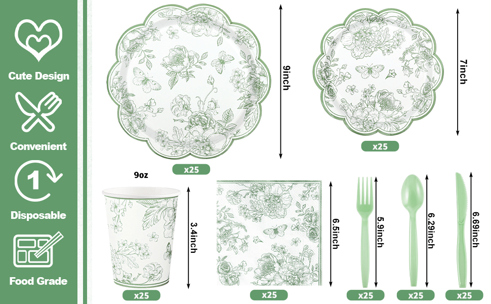 sage green floral plates