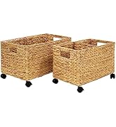 PEMAR Set 2 (different sizes nesting in a set) Natural Wicker Rolling Storage Baskets on Wheels w...
