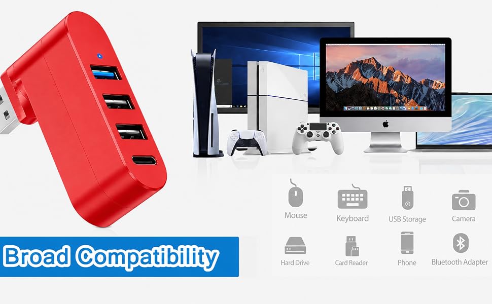 4-Port USB 3.0 Hub [90°/180° Degree Rotatable], USB Splitter USB Extender for Laptop, Car, Red