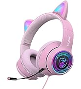 VIGROS Cat Ear Gaming Headphones Wired AUX 3.5mm LED Light, Noise Canceling Game Headphones Stere...