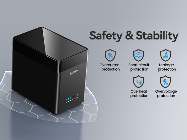 Black, cube-shaped electronic device with safety features infographic. Icons show protection against overcurrent, short circuit, leakage, overload, and overvoltage.