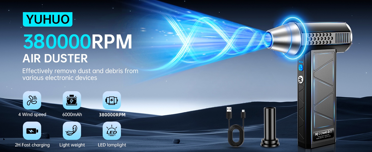 YUHUO Compressed Air Duster, 380000RPM Electric Air Duster with LED Light