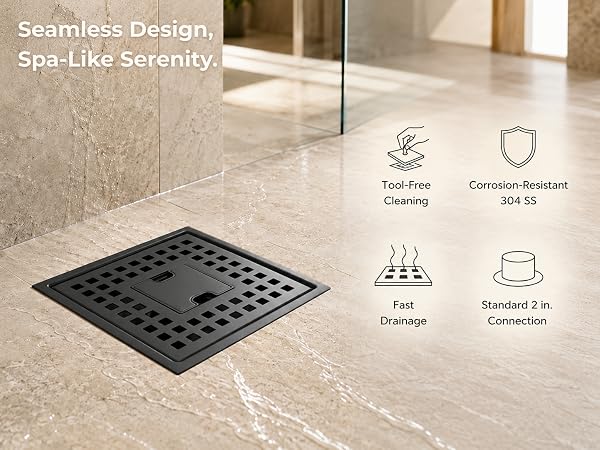 Matte black square shower drain installed in warm stone tile spa style walk in shower